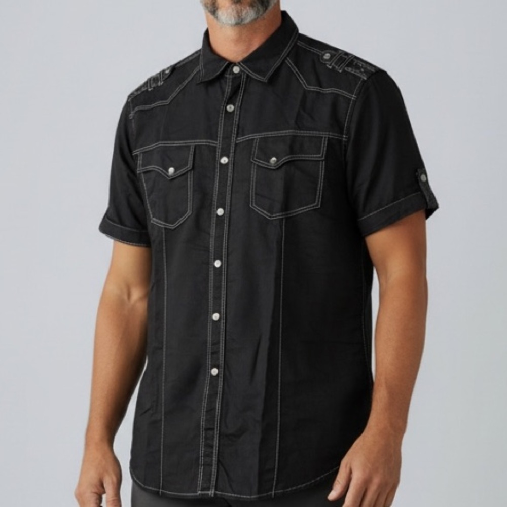 NWT - INC International Concepts Linen Blend Pearl Snap Shirt in Black Sz Medium